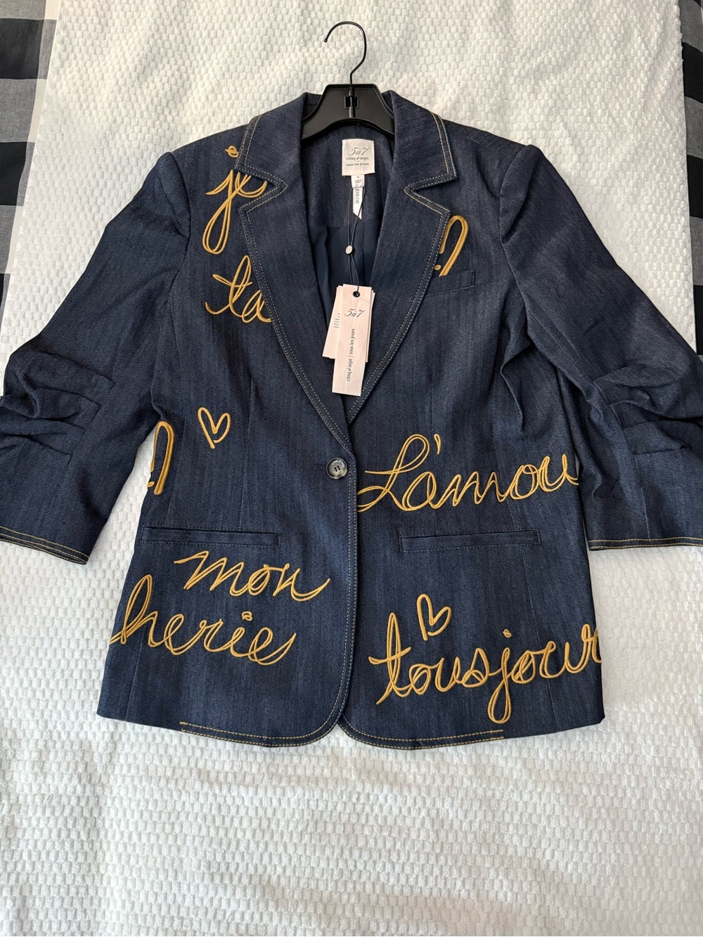 cinq a sept Navy Denim Blazer with Gold Script Embroidery